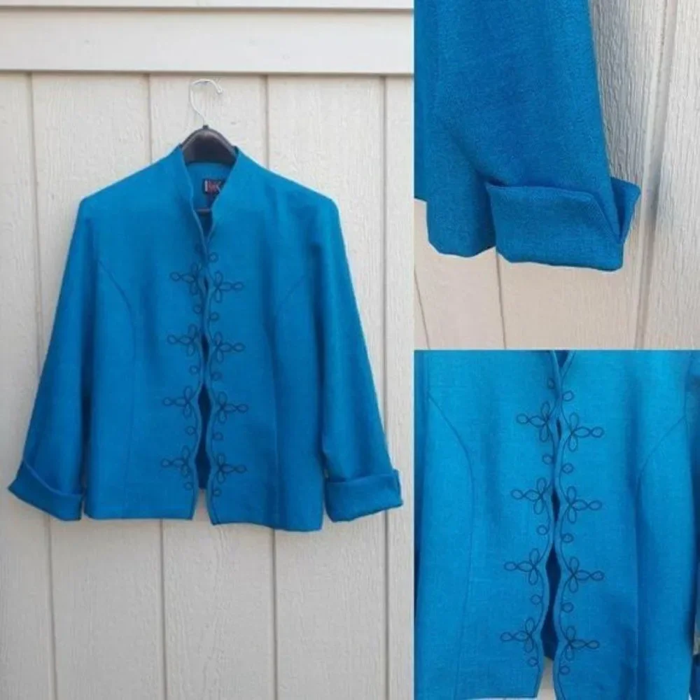 Vintage R&K Blazer Open Scalloped Mandarin Swirl Embroidered Cuffed‎ Teal Sz 14P